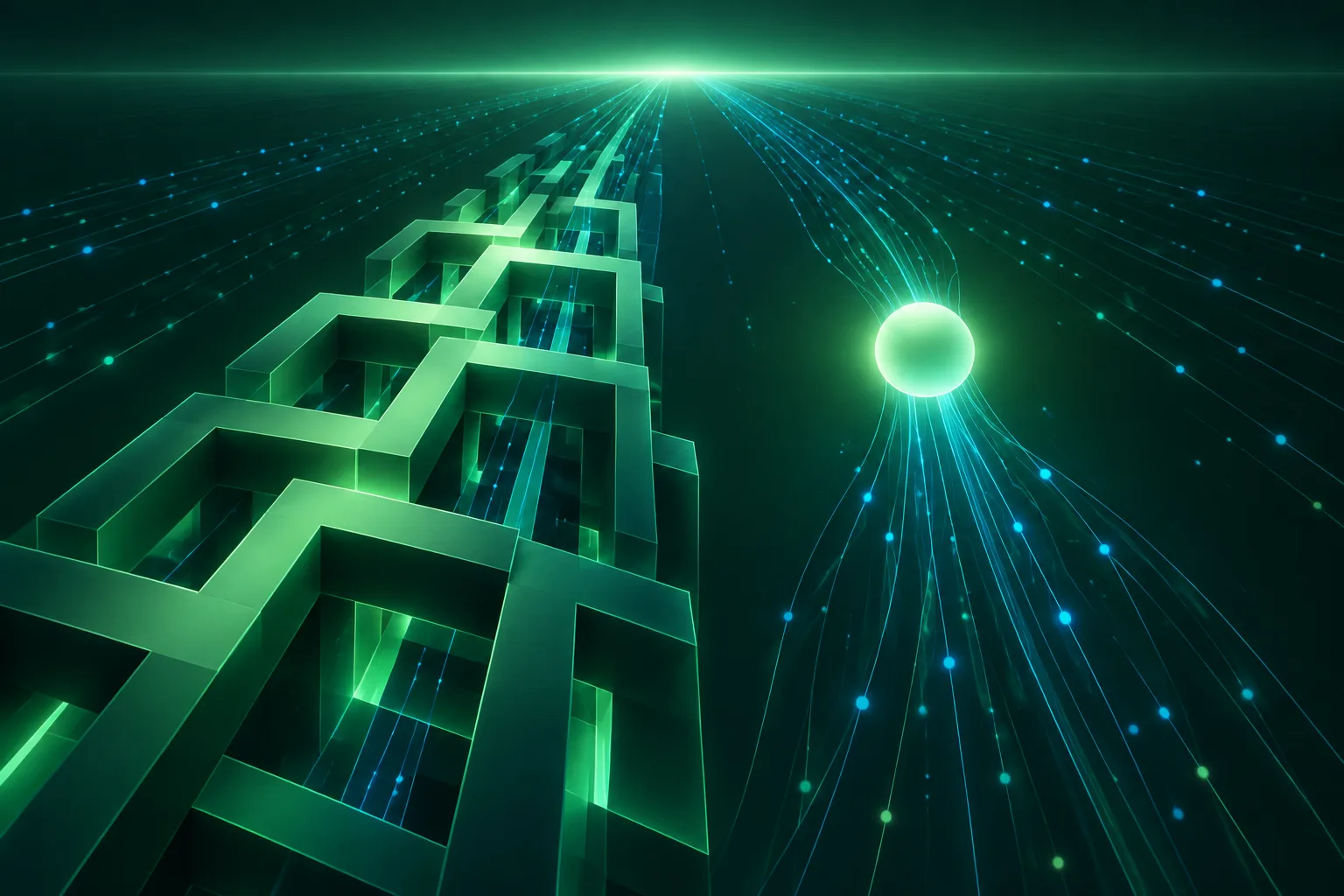 Two abstract glowing structures side by side, a rigid grid shape and a single open node, both reaching toward the same horizon line